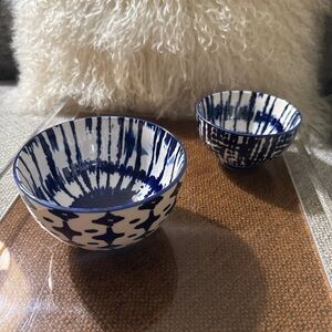 West Elm Indigo Tie Dye Bowls Set of 2 Blue White Ceramic
